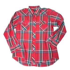 Wrangler cowboy cut‎ shirt western pearl snap Red Blue Plaid XL Tall 16.5 neck